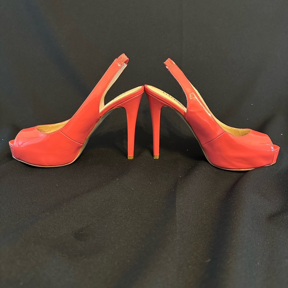 GUESS Coral/Salmon Platform Peep Toe Slingback Heels Sz 6.5 - Picture 4 of 8